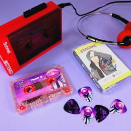 Glitter cassette tapes and purple guitar picks matching set