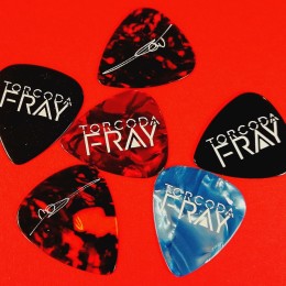 Black, tortoiseshell, red and light blue guitar picks with a white on-body print