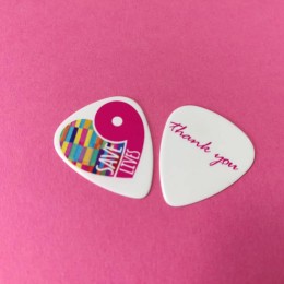 White guitar picks with a multicolour on-body print
