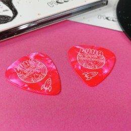 Pink guitar picks and CD digipaks with a booklet for Luna and the Moonhounds